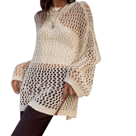 Women's Long Sleeve Crochet Hollow Square Neck Sweater Top Mesh Tee Top (size: S)